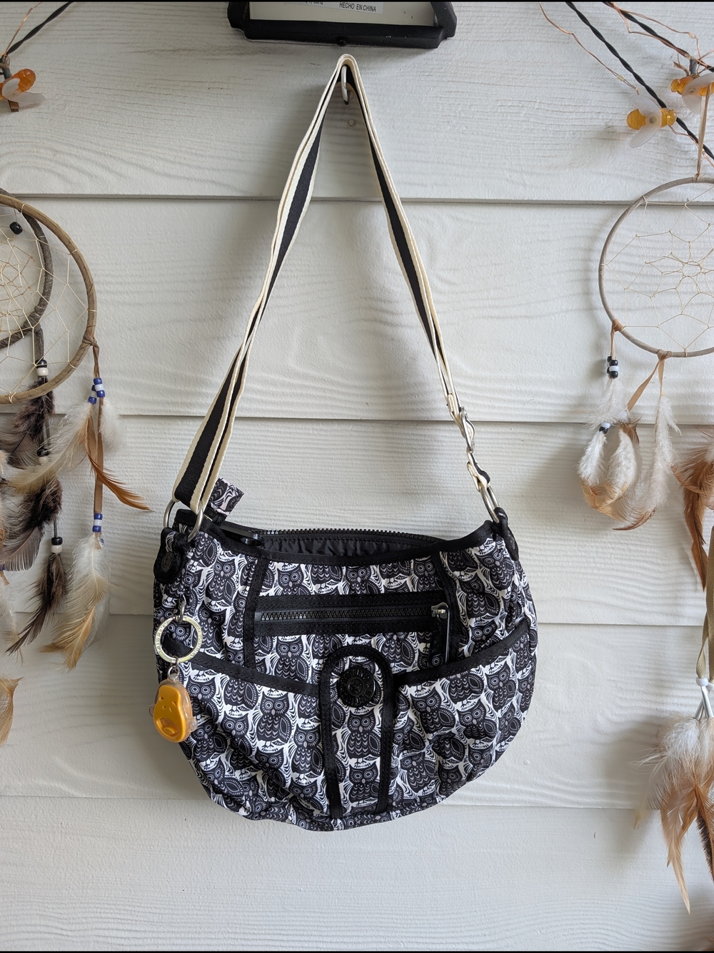 Kipling Handbag Crossbody Purse with Monkey Keychain Black and White With Owls